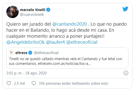 Tweet de Marcelo Tinelli