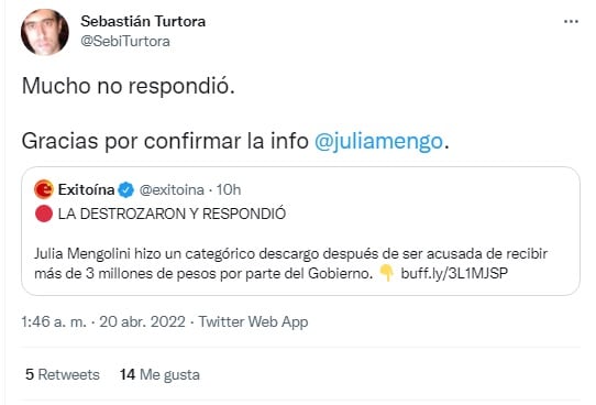 El tuit en respuesta de Turtora ante el descargo de Mengolini: "Gracias por confirmar la info"