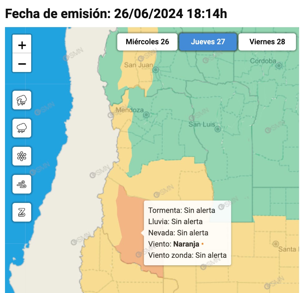 El Servicio Meteorológico pronostica Zonda y rigen alertas naranja y amarilla por viento en el sur y oeste de Mendoza