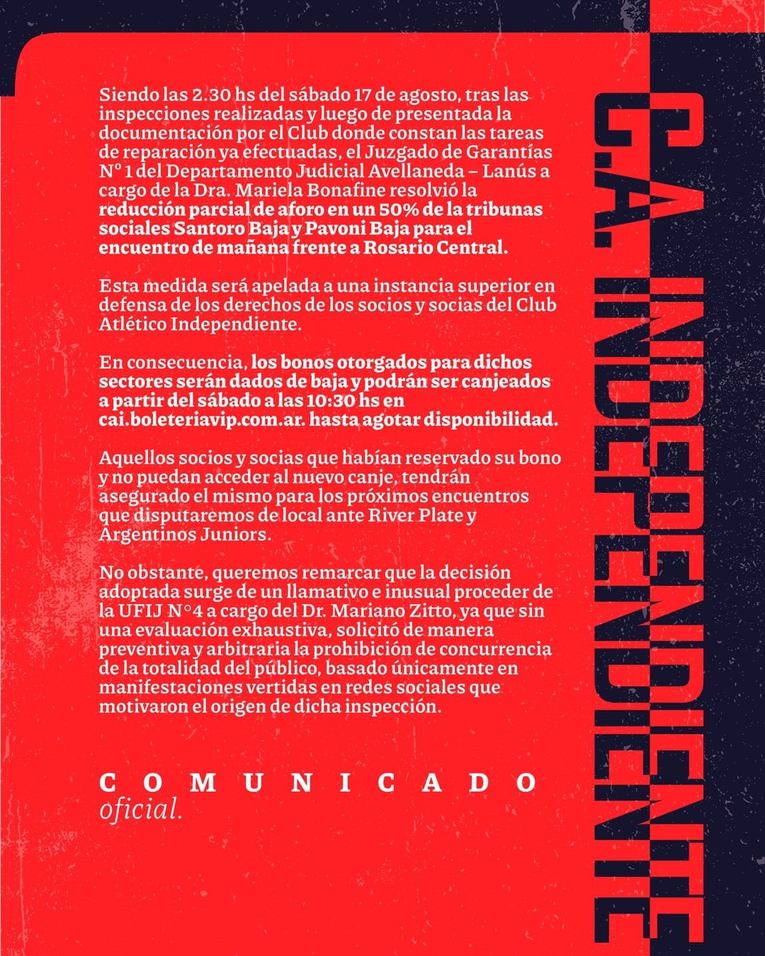 Comunicado oficial Independiente.