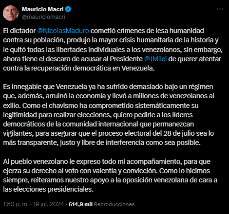 La respuesta de Macri a las críticas de Maduro a Milei. Foto: captura.