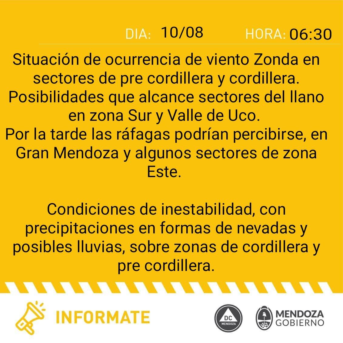 Alerta amarilla por viento Zonda en Mendoza (Defensa Civil)