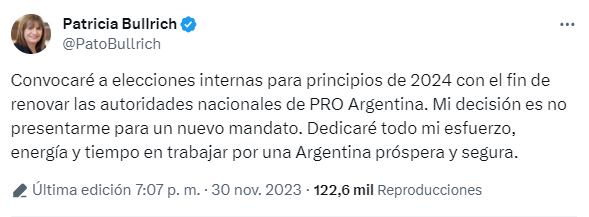 Patricia Bullrich dejará la presidencia de PRO y convocará a elecciones internas - X