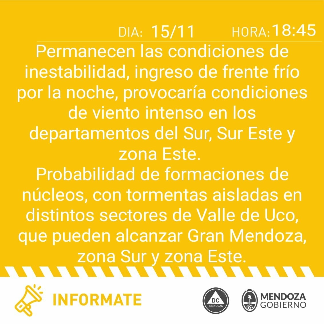 El organismo actualizó el parte meteorológico y sigue el alerta por tormentas, viento y el ingreso de un frente frío.