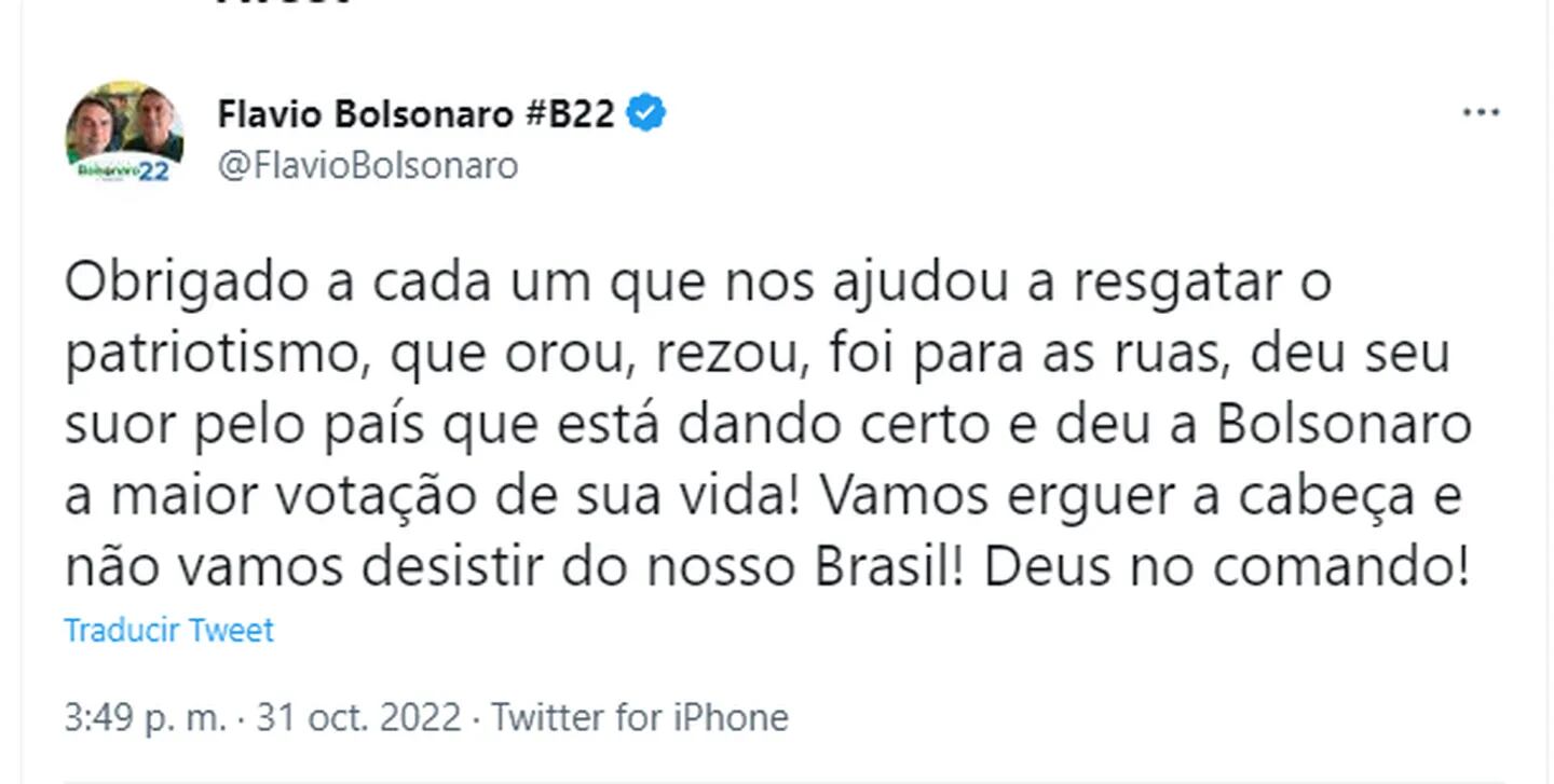 El tuit de Flavio Bolsonaro. Foto: Web