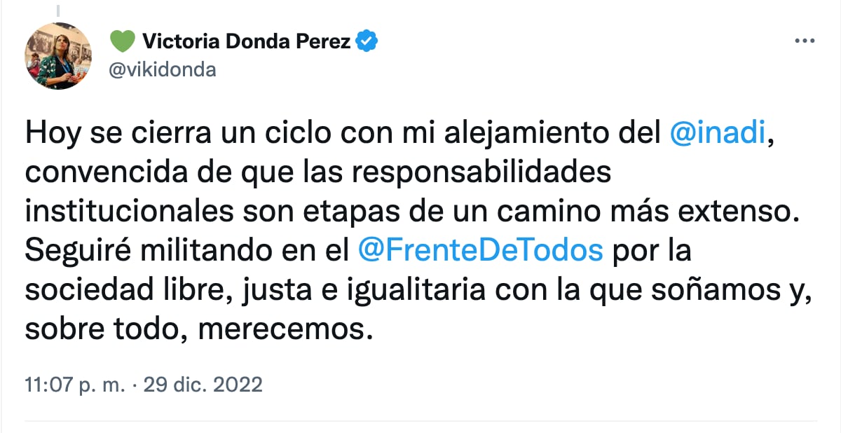 Victoria Donda anunció por Twitter se renuncia como titular del Inadi.