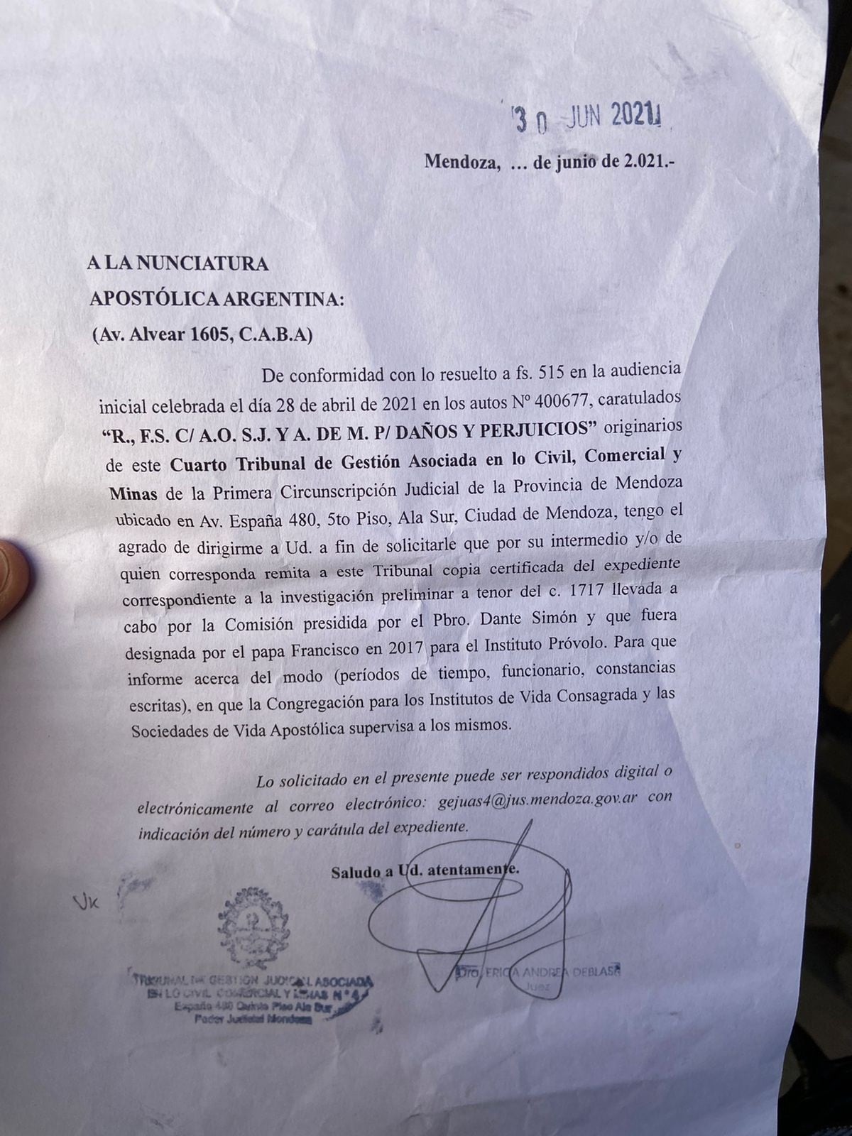 El oficio firmado por la jueza donde se acepta como prueba la documentación disponible hasta el momento sobre la investigación del Vaticano contra los curas condenados en el Próvolo.