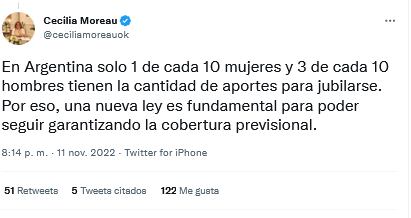 La diputada habló sobre la necesidad de garantizar la cobertura previsional. Twitter.