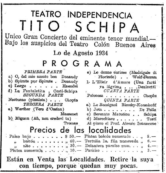 El diario publicitó el recital de Schipa en los días previos. 