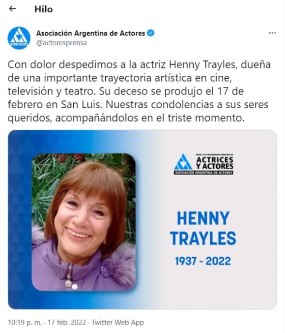 Murió la actriz Henny Trayles