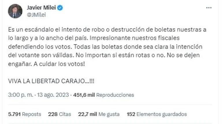 Denuncia de Milei por falta de boletas.