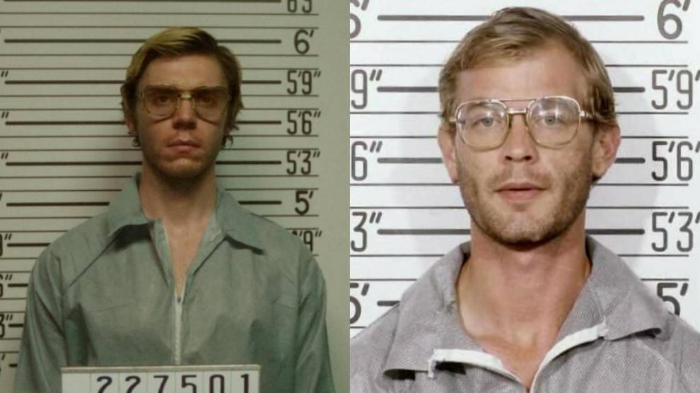 Evan Peters (izquierda) y Jeffrey Dahmer (derecha)