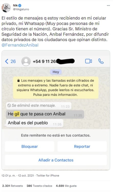 Nik expuso los mensajes agraviantes que recibe por WhatsApp - 