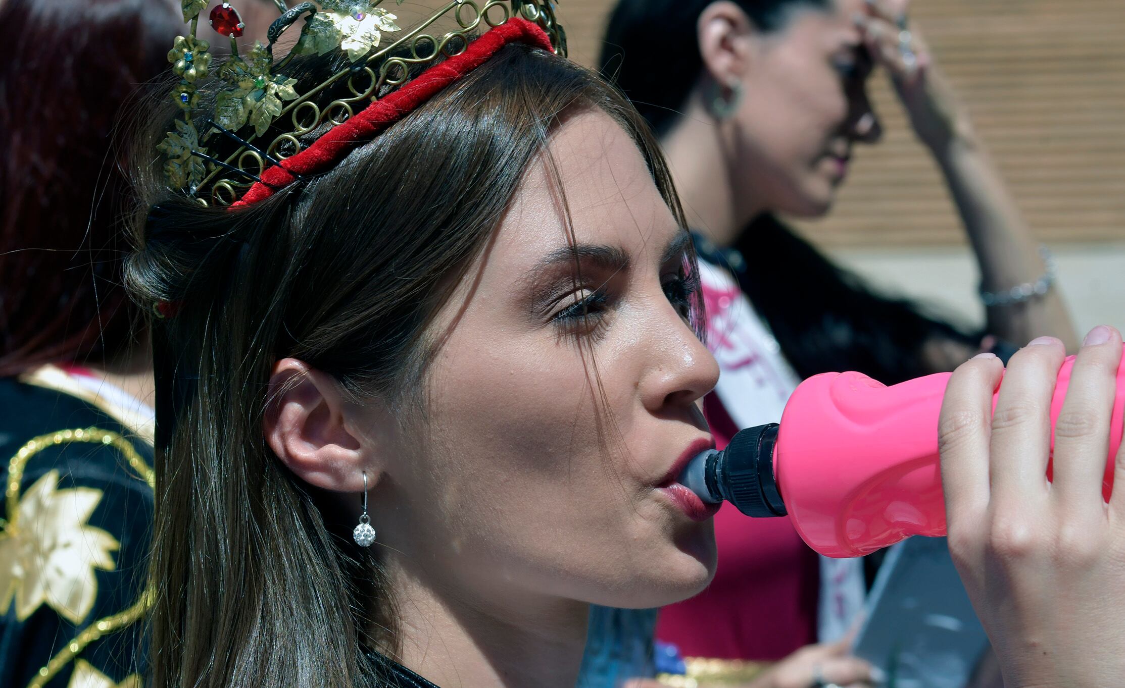 Vendimia: la “reina blue” de Guaymallén y un grupo de defensores se manifiestan en Casa de Gobierno. Foto: Orlando Pelichotti / Los Andes.