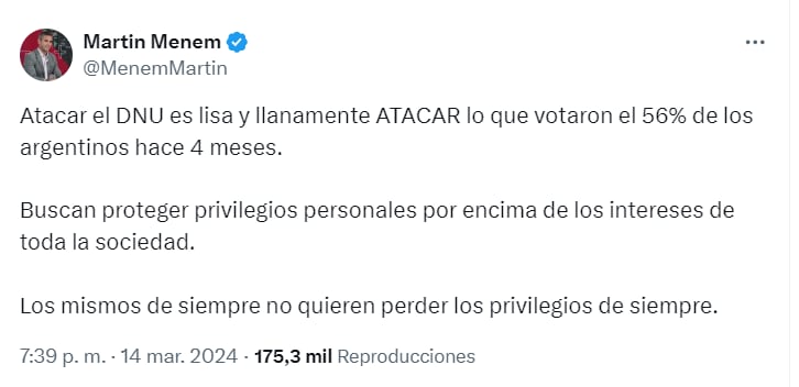 La reacción de Menem al rechazo del DNU  - X