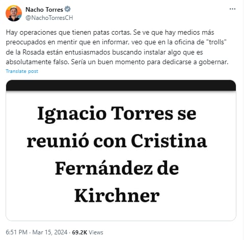 Ignacio “Nacho” Torres desmintió una supuesta reunión con Cristina Kirchner. Gentileza: Captura X @NachoTorresCH.