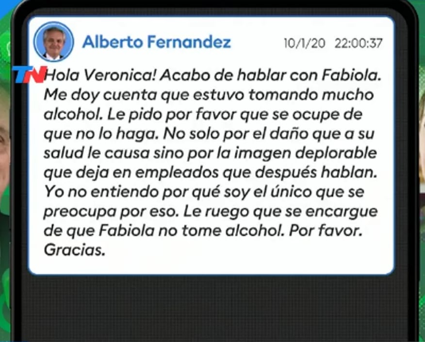 Alberto Fernández filtra chats con su ex suegra donde hablan del alcoholismo de Fabiola Yáñez. Captura: TN