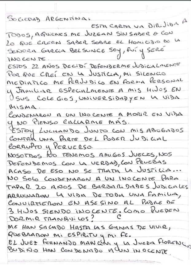 La primera parte de la carta de Nicolás Pachelo dirigida a la sociedad argentina. (Foto: Twitter)