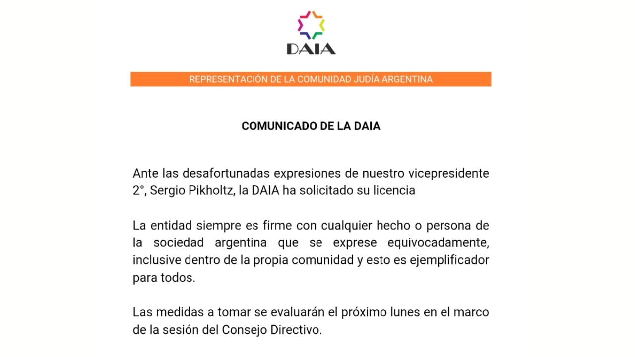 El comunicado emitido por la DAIA.