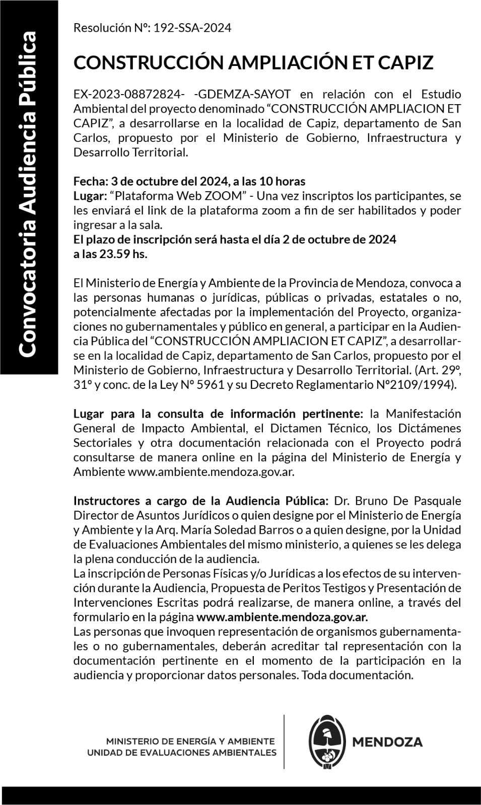 Convocatoria a Audiencia Pública - CONSTRUCCIÓN AMPLIACIÓN ET CAPIZ