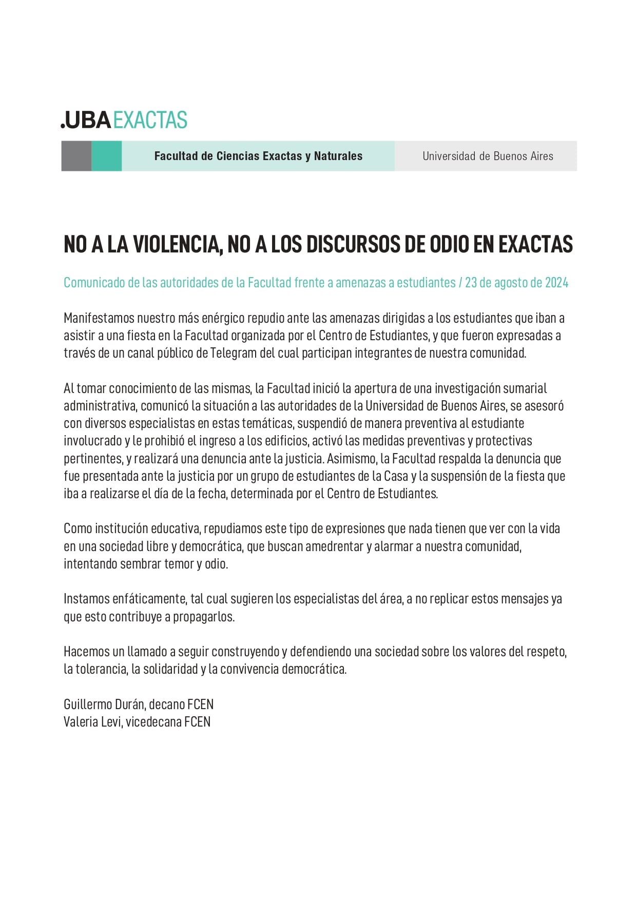 El Centro de Estudiantes de la Facultad de Exactas se refirió al caso de violencia política