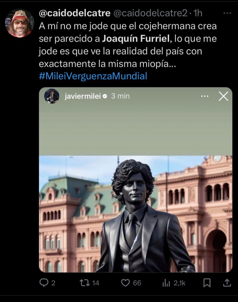 La supuesta estatua de Javier Milei que se parece más a Joaquín Furriel.