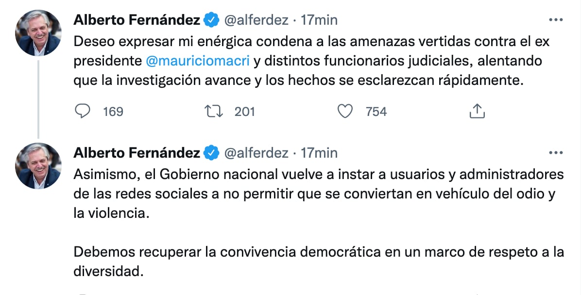 El presidente Alberto Fernández condenó las amenazas contra Mauricio Macri y el fiscal Diego Luciani.