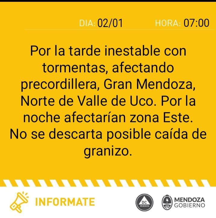 Alerta amarilla por tormentas para Mendoza.