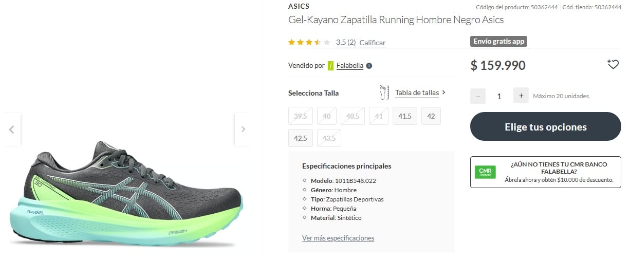 El modelo de zapatillas de running Asics Gel-Kayano para hombre se consigue en la tienda de Falabella a $159.990 chilenos.