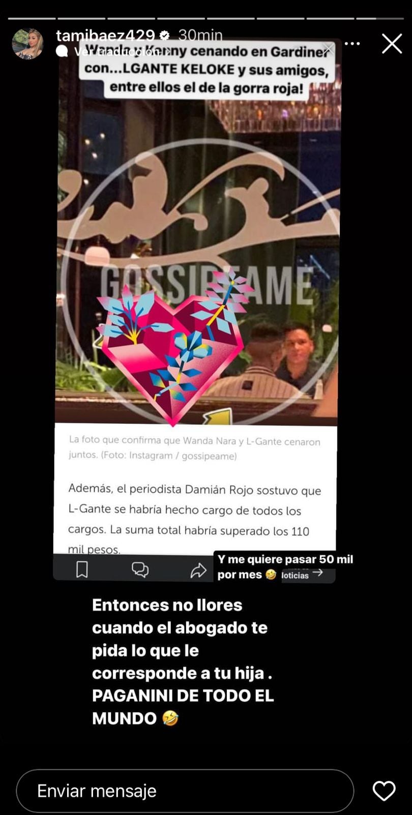 Tamara Báez furiosa con la cuenta que L-Gante le pagó a Wanda Nara.