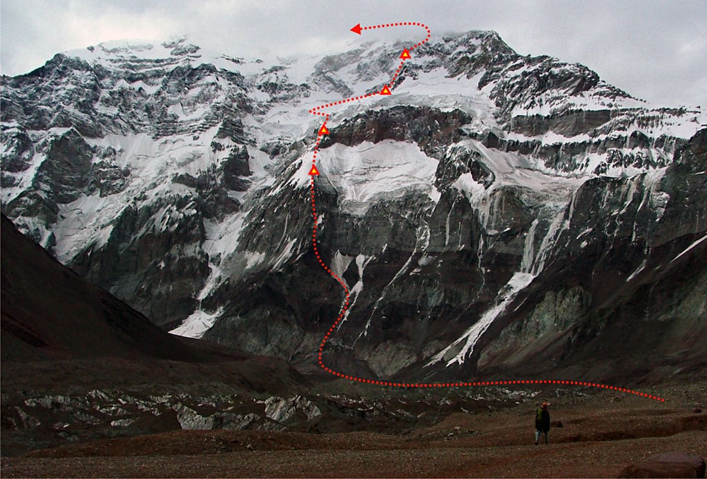 La ruta indicada es la seguida por la andinistas sanjuaninos Fava y Maturano. Fuente: Cultura de Montaña