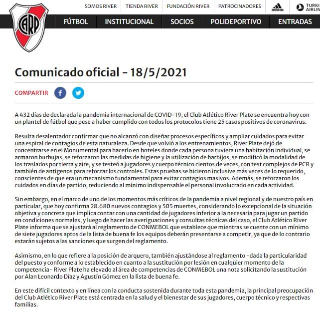 El comunicado de River a Conmebol.