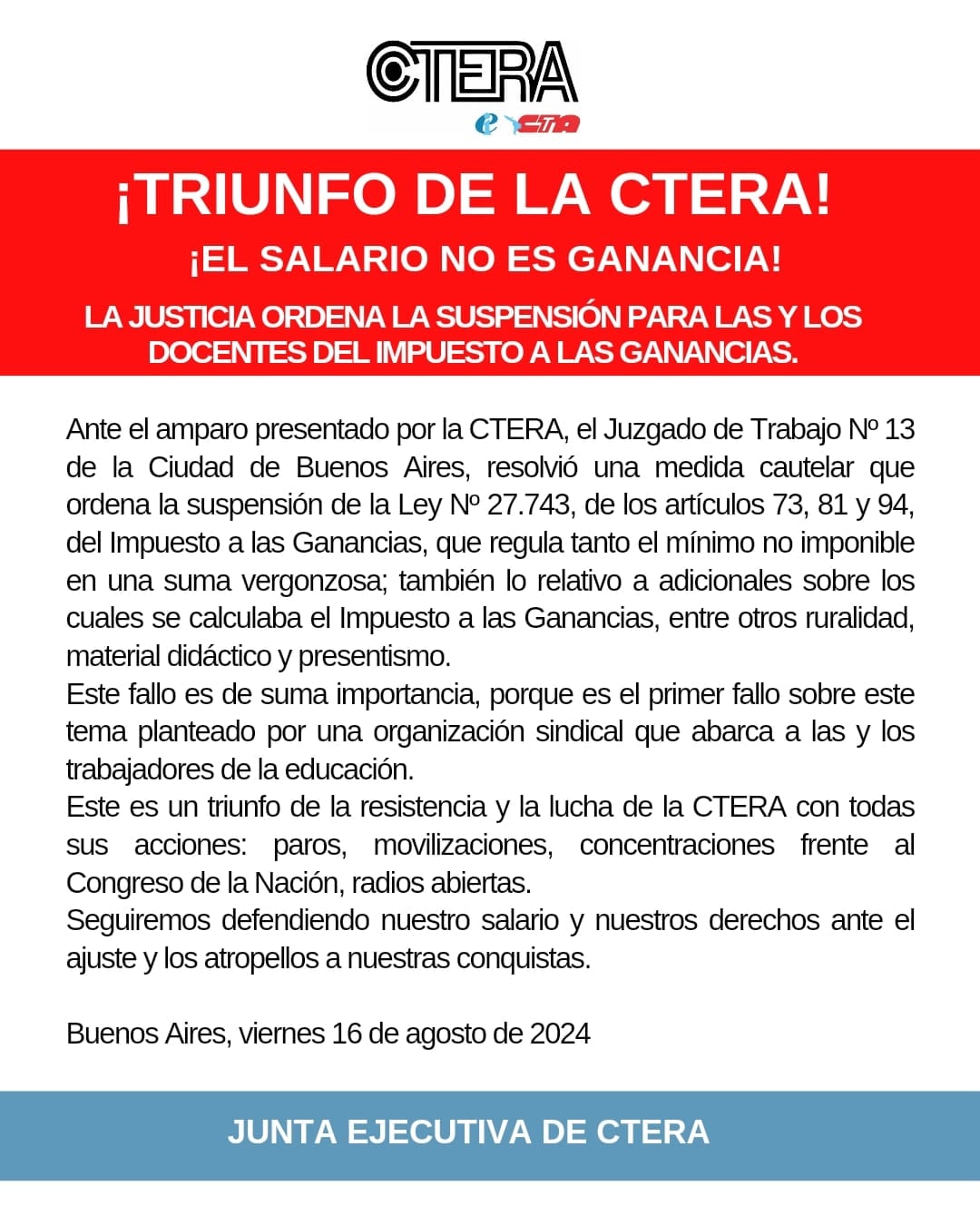 Comunicado oficial de la CTERA ante el fallo de la Justicia laboral / Foto X