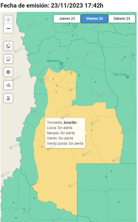 Mapa de alertas por tormenta para este viernes 23/11/2023. Foto: Servicio Meteorológico Nacional