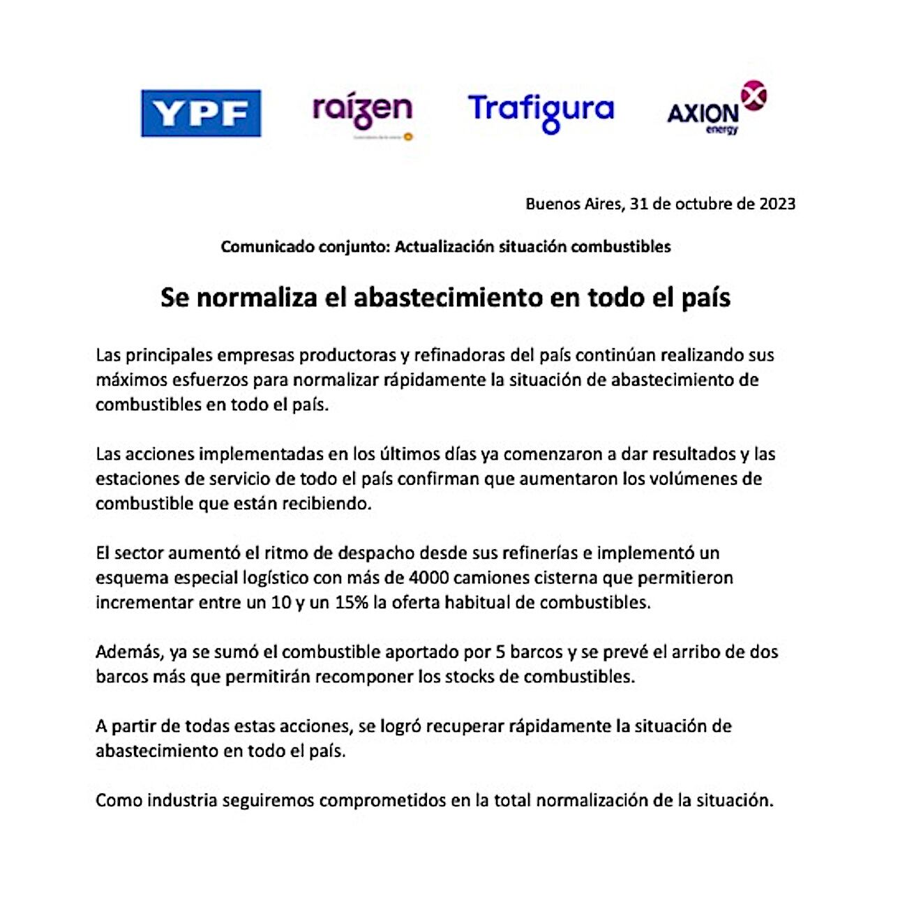 Comunicado de petroleras sobre el abastecimiento de combustibles.