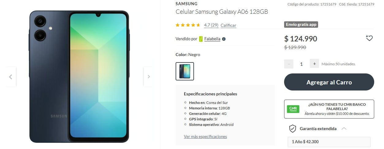 La tienda de Falabella ofrece un Celular Samsung Galaxy A06 con 128GB a un precio de $124.990 chilenos.