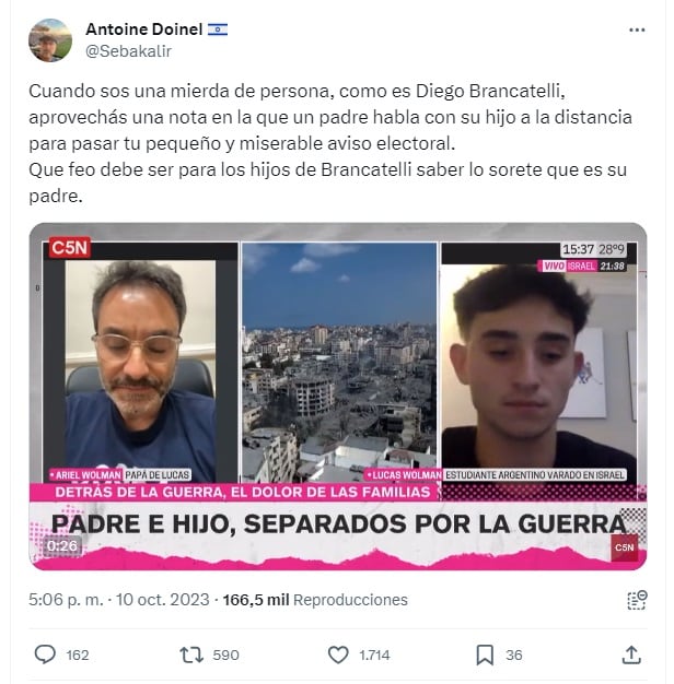 Diego Brancatelli quiso hacer campaña para Massa con los argentinos varados en Israel y lo ubicaron (X)