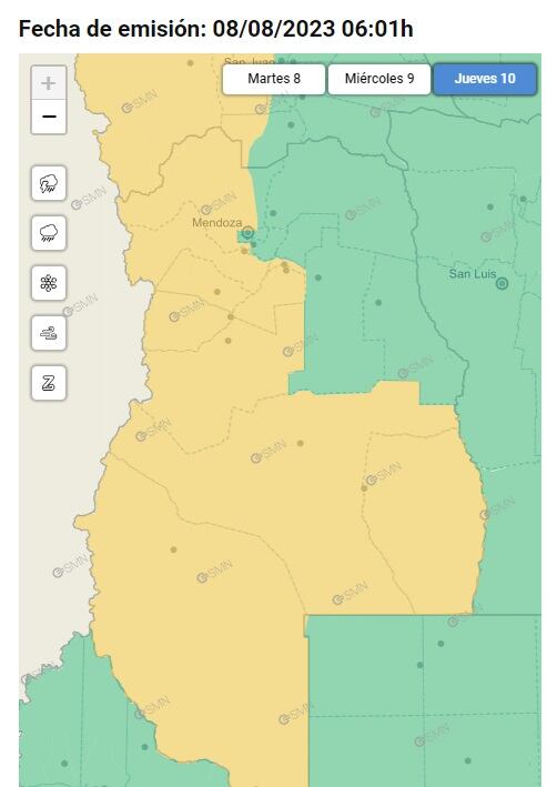 Alerta de viento Zonda en Mendoza para el jueves 10 de agosto (SMN)