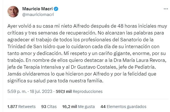 El nieto de Mauricio Macri estuvo internado en terapia intensiva (Twitter @mauriciomacri)