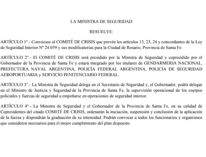 Fragmento de la resolución que tomó el ministerio de Patricia Bullrich ante la escalada de violencia en Santa Fe, Foto: X/Twitter - Ministerio de Seguridad.