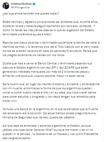 Una parte del posteo que publicó Cristina tras los dichos de Javier Milei.