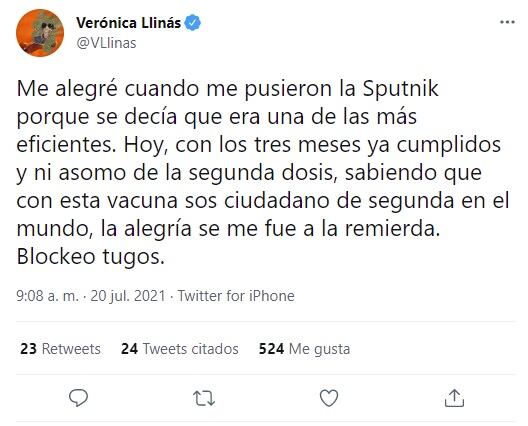 Verónica Llinás estalló en furia porque le falta la segunda dosis de la Sputnik V - 