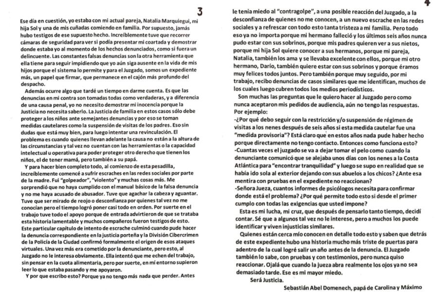 El escrito que Sebastián Domenech publicó en Twitter