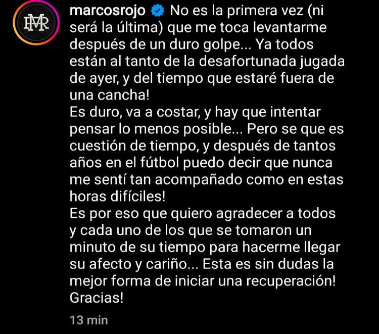 El mensaje de Marcos Rojo tras conocer el diganóstico de su lesión.