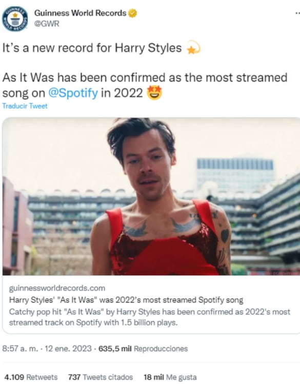 "As It Was", canción récord de Harry Styles. Foto: Twitter/@GWR