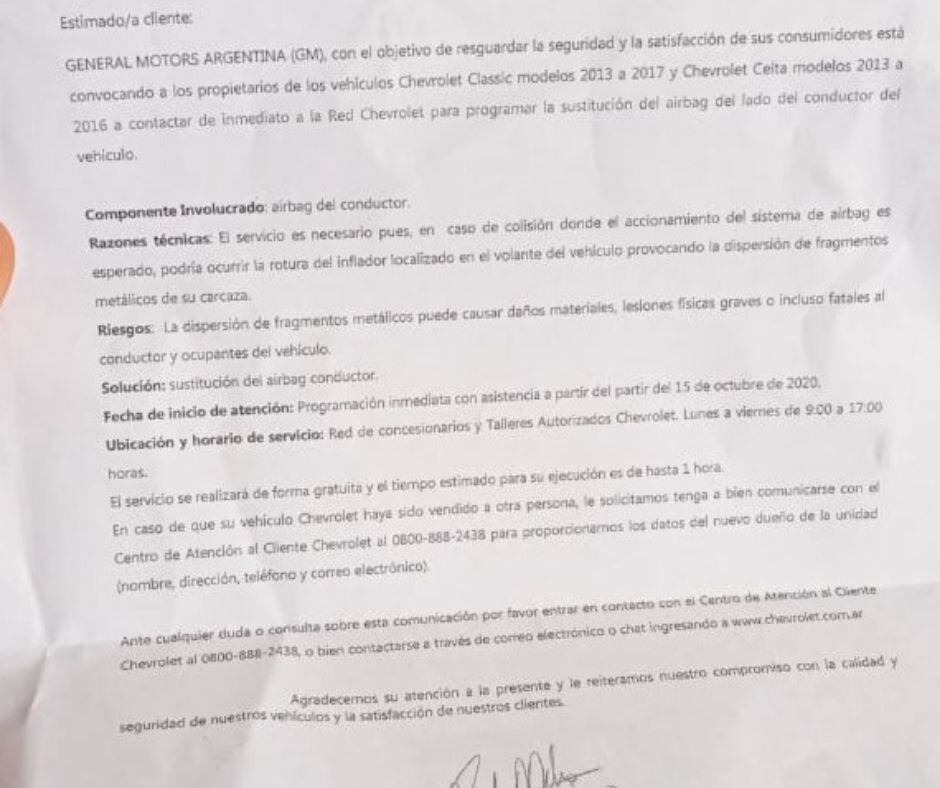 General Motors convoca a los propietarios de estos vehículos a través de un comunicado informando sobre este inconveniente y sus posibles consecuencias.