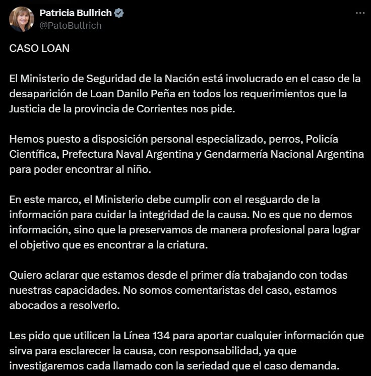 Bullrich sobre la desaparición de Loan: "No somos comentaristas del caso". Captura: X / @PatoBullrich