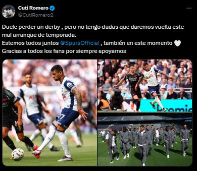 Cuti Romero y su posteo agradeciendo a los fans del Tottenham