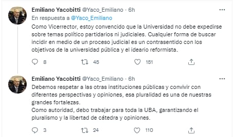 Emiliano Yacobitti, vicerrector de la UBA, aseguró que la Universidad no debe expedirse sobre temas político partidarios ni judiciales.