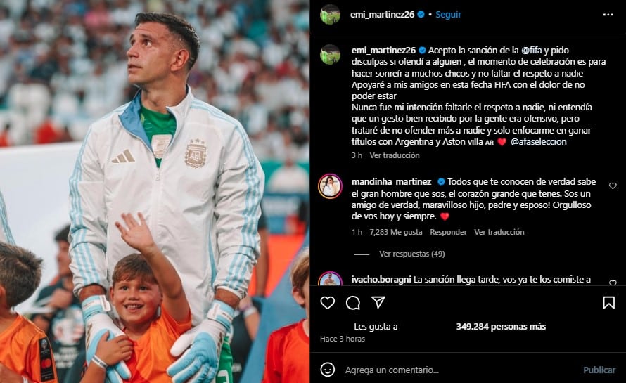 El mensaje del Dibu Martínez en su perfil de Instagram sobre la sanción de Conmebol y FIFA. 